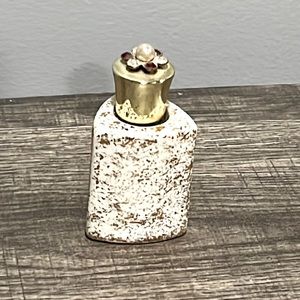 Vintage Perfume Bottle, white and gold speckled with faux jeweled screw top.